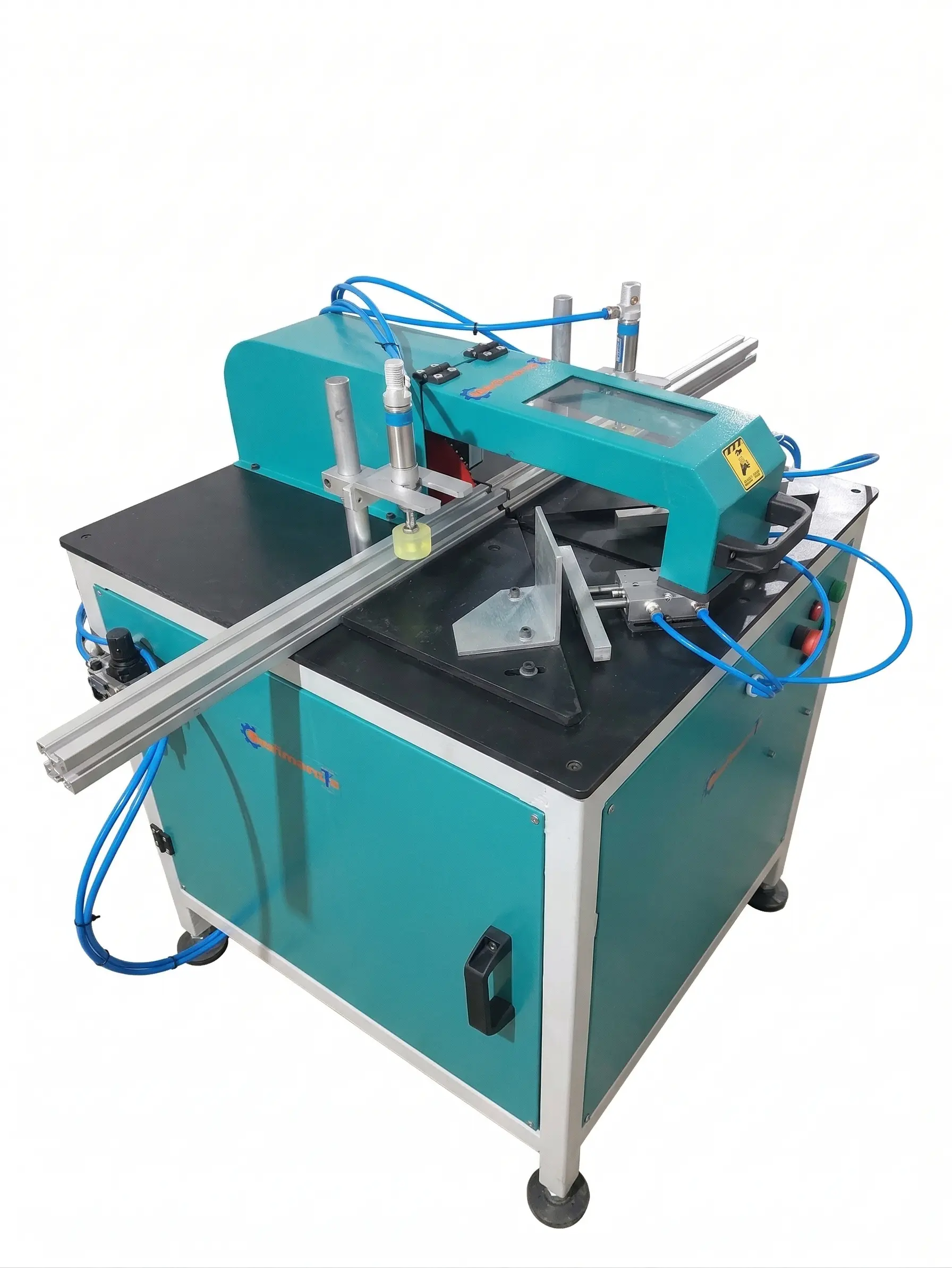 Mechnovate 45°/90° precision cutting machine for industrial aluminium and UPVC profile fabrication.